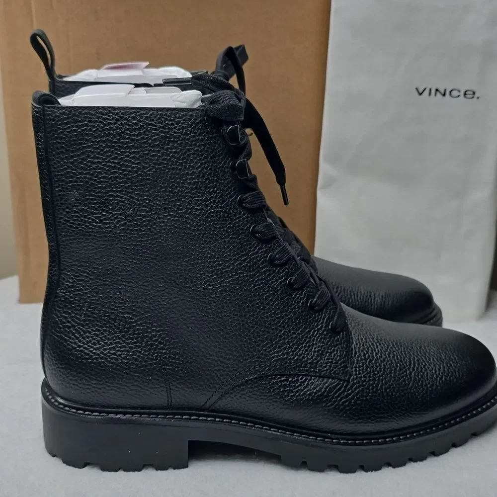Vince Dominic Leather Combat Boots Black Lug Sole Lace Up NIB Sz 10